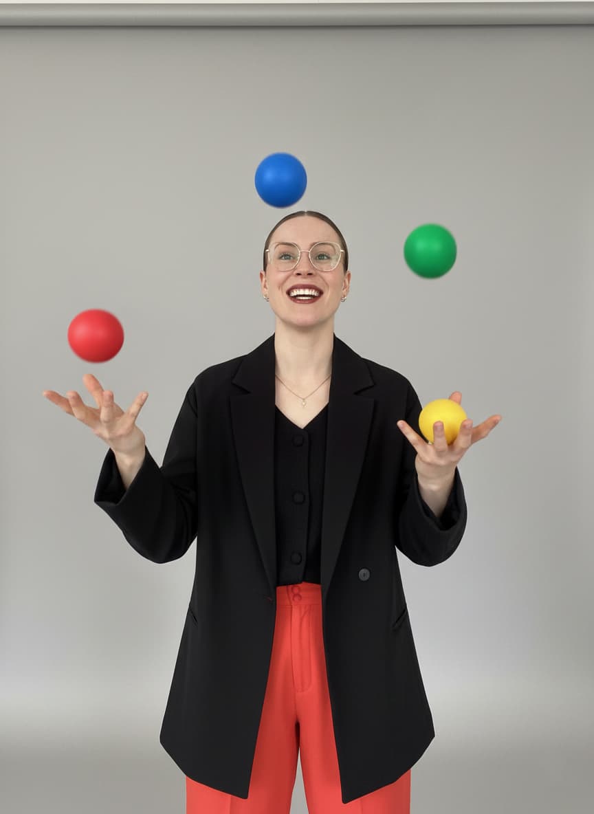 Sarah Long juggling colourful balls